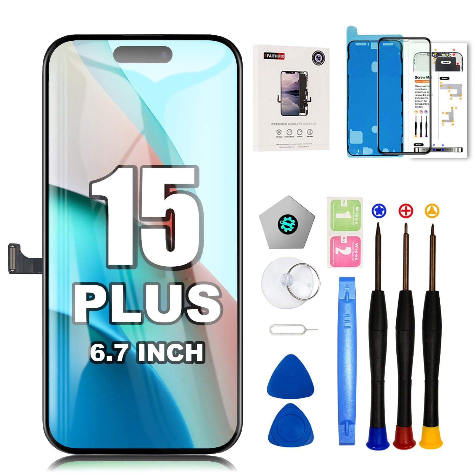 EFAITHFIX for iPhone 15 Plus Screen Replacement 6.7 Inch LCD 3D Touch Display Full HD Digitizer Frame Assembly (A2847, A3093, A3094, A3096) with Repair Tools Kit Screen Protector Waterproof Adhesive