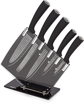 Tower Kitchen Knife Set with Acrylic Knife Block, Black and White Groove Blades with Black Handles, 5-Piece