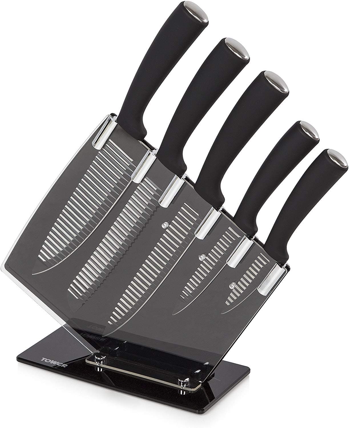 Tower 5 Piece Knife with Acrylic Stand, Non-Stick Coating, Black, T80706