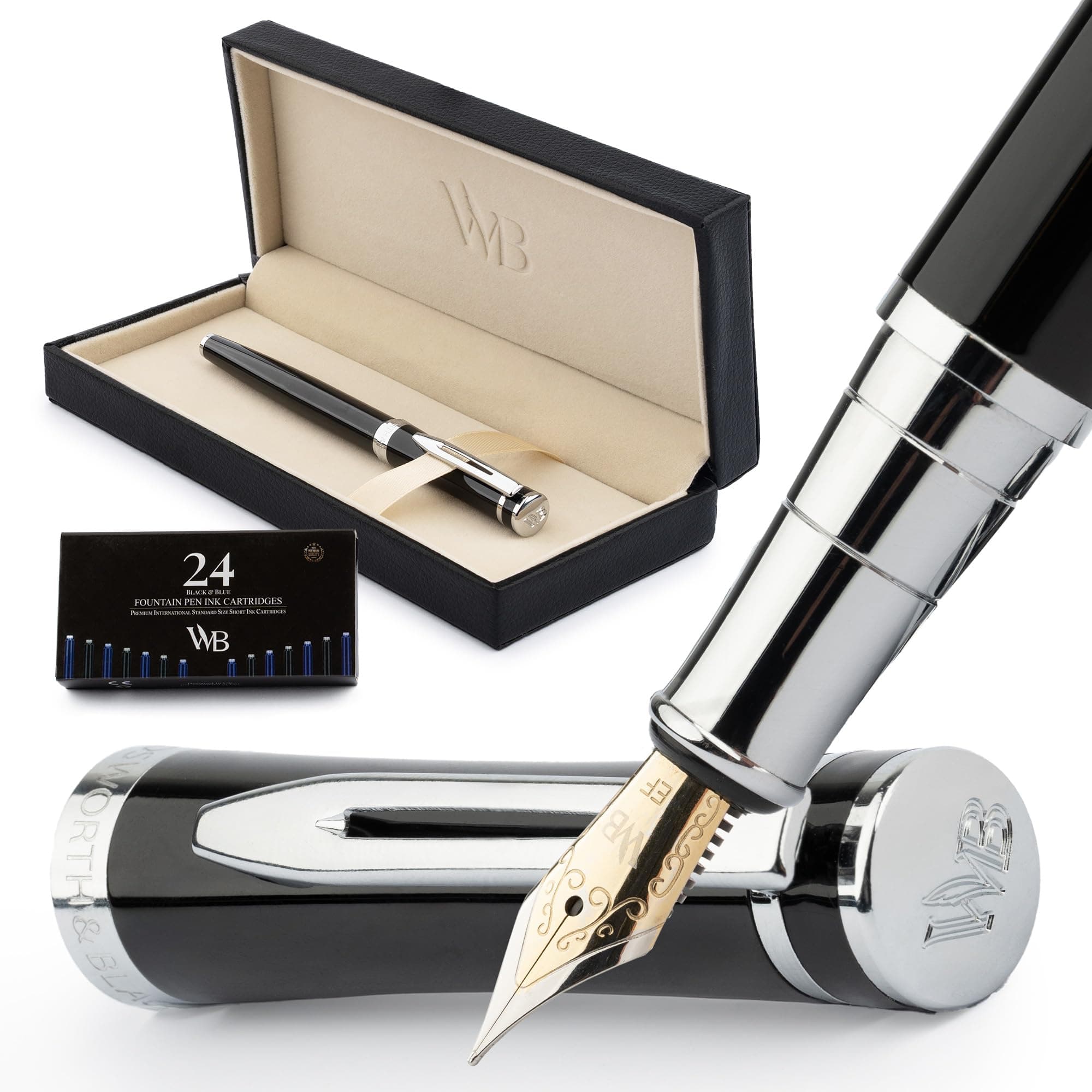 Wordsworth & Black Fountain Pen Set, Extra Fine Nib, Includes 24 Ink Cartridges and Ink Refill Converter Gift Box, Journaling, [Black Chrome]