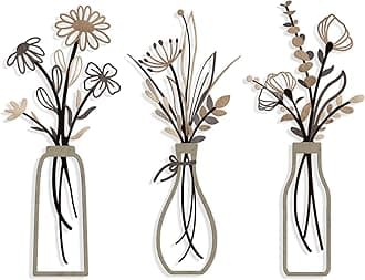 Pigort 3 Pieces Metal Flowers Wall Arts - Rustic Farmhouse Style Décor Metal Wall Art Black Minimalist Flower Natural Themed Wall Decors for Home Bedroom Dining Room Housewarming (Brown)
