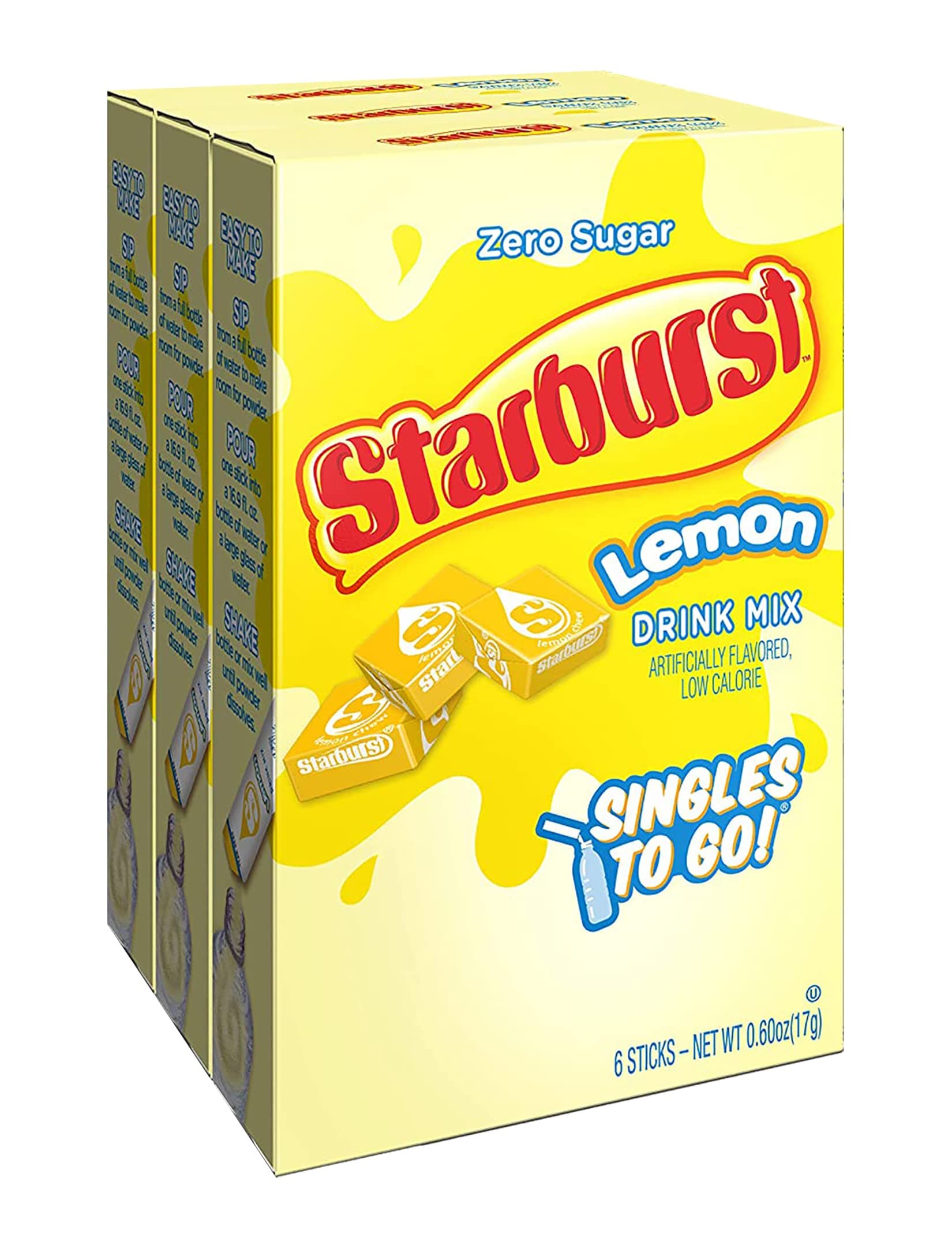 Starburst Singles To Go Powdered Drink Mix, Lemon, 3 Boxes with 6 Packets Each - 18 Total Servings, Sugar-Free Drink Powder, Just Add Water, 6 count (Pack of 3)