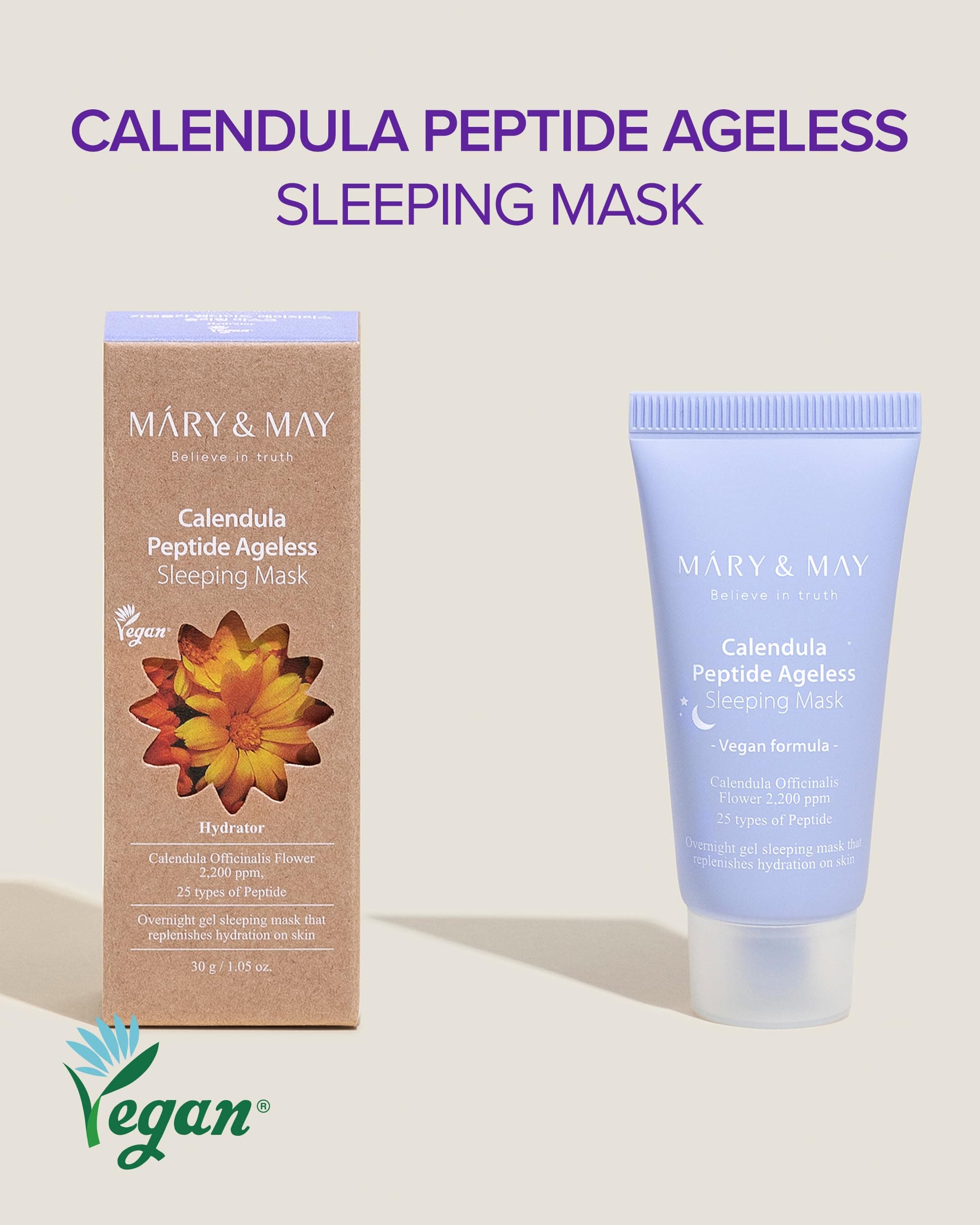 Mary&May Vegan Calendula Peptide Ageless Sleeping Mask - Overnight Hydration Face Gel Mask Korean Facial Mask - Soothing Acne, and Anti-Aging with Ceramide, Hyaluronic Acid, Cica, 30g