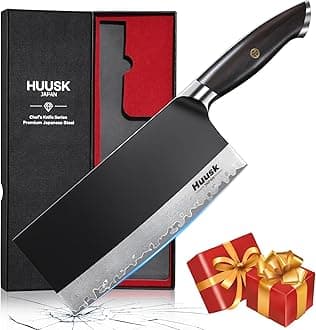Huusk Butcher Knife for Meat Cutting, 7.5 inch Meat Cleaver Professional Chopping Knife, Full Tang Chef Knives with Damascus Texture, Japanese Cooking Knives, Gift for Men
