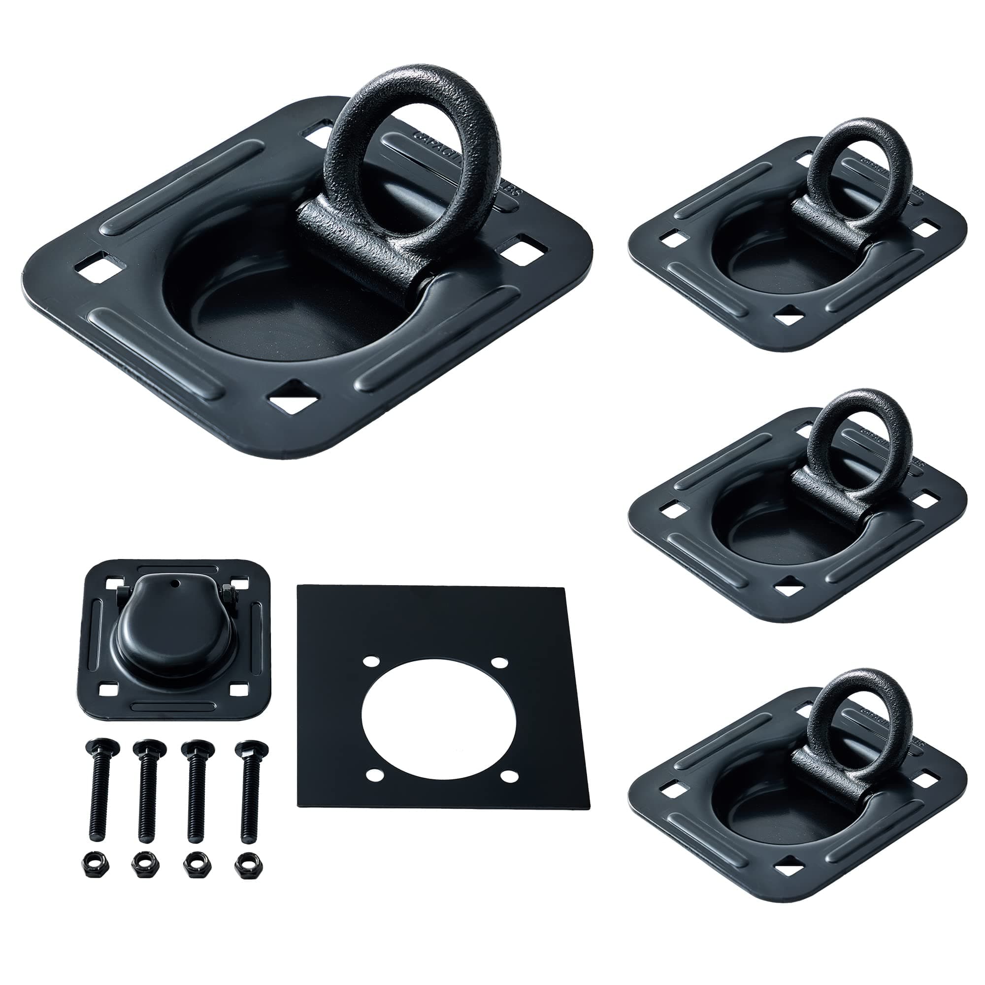 4 Pack Recessed D-Ring Tie Down Anchors (6,000 lb. Capacity), Heavy Duty Kit for Trailer or Deliveries, Black