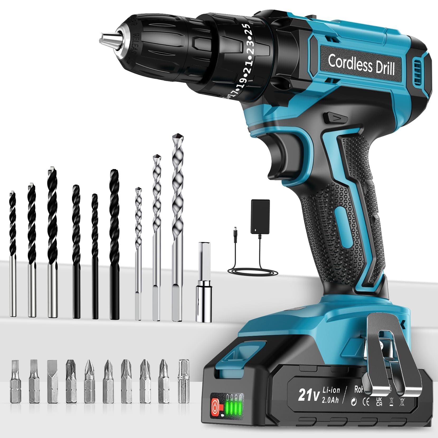 MHPRO Cordless Drill Driver 21V, Cordless Hammer Drill with Battery 2000mAh, ...