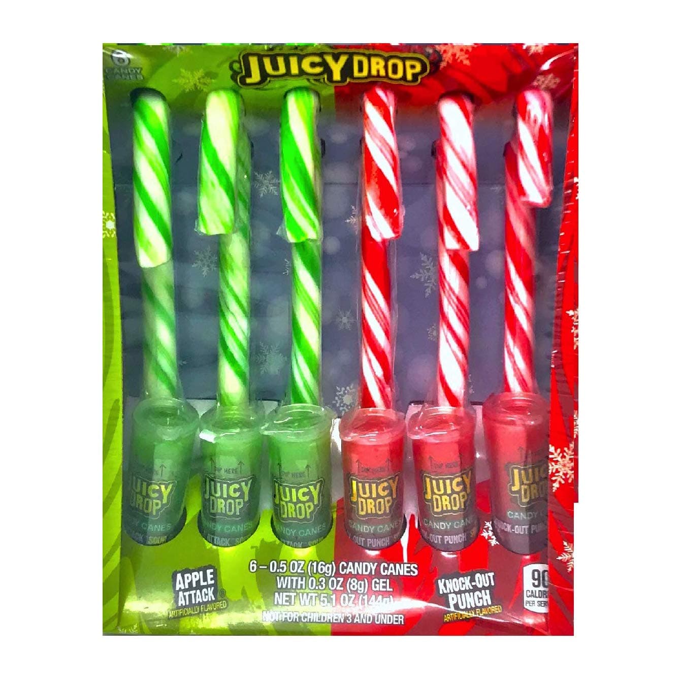 Bazooka(1) Box Juicy Drop Candy Canes with Gel Candy - Apple Attack & Knock-Out Punch Flavored - 6 Individually Wrapped - Net Wt. 5.1 oz
