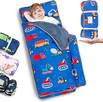 Primlect Thickened Toddler Nap Mat with Removable Pillow and Minky Blanket, Extra Large 55''x35'' Sleeping Bag, Washable, Roll up, Perfect for Daycare, Preschool, Kindergarten, Boys and Girls Blue Car