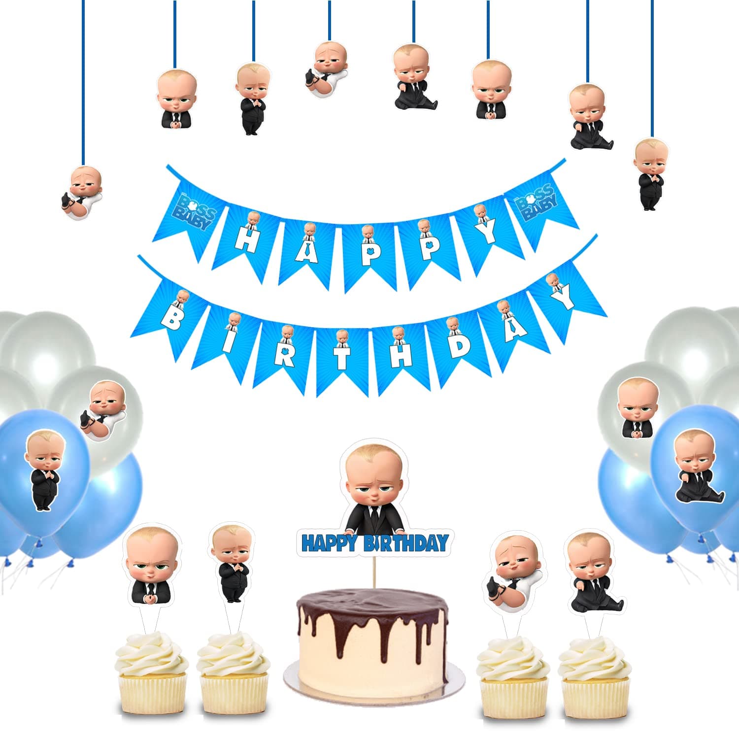 WoW Party Studio Boss Baby Birthday Decorations Items Combo Set - 38Pcs With Banner, Cake Topper, Ceiling Hangings, Balloons - Happy Birthday Decoration Kit For Girls / Boys Birthday