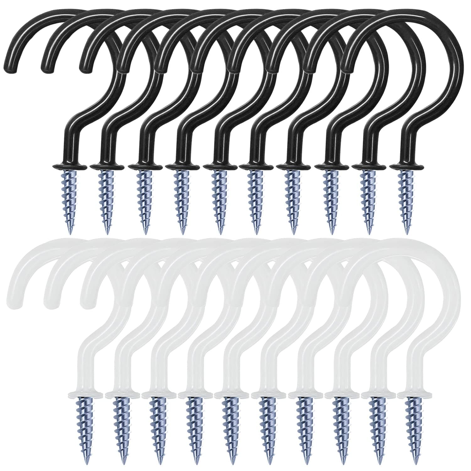 20 Pack 2.9 Inch Vinyl Coated Screw-In Wall Hooks, Mix Color (10 Black+10 White), Great for Indoor & Outdoor Use