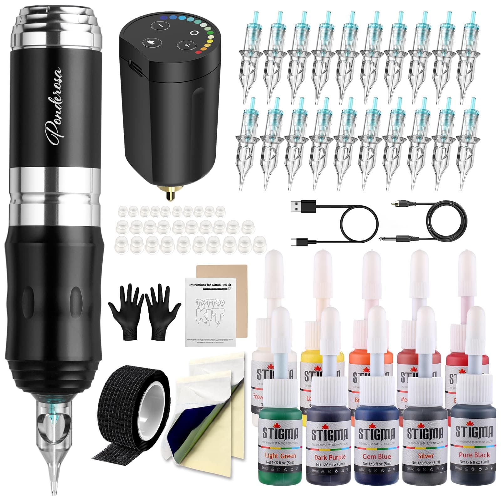 Cordless Tattoo Gun Kit Complete with Pro Machine Pen, 1400 mAh Battery, 20 Tattoo Cartridge Needles, Ink Color Set, Full Tattoo Accessories STP35KITP802-5