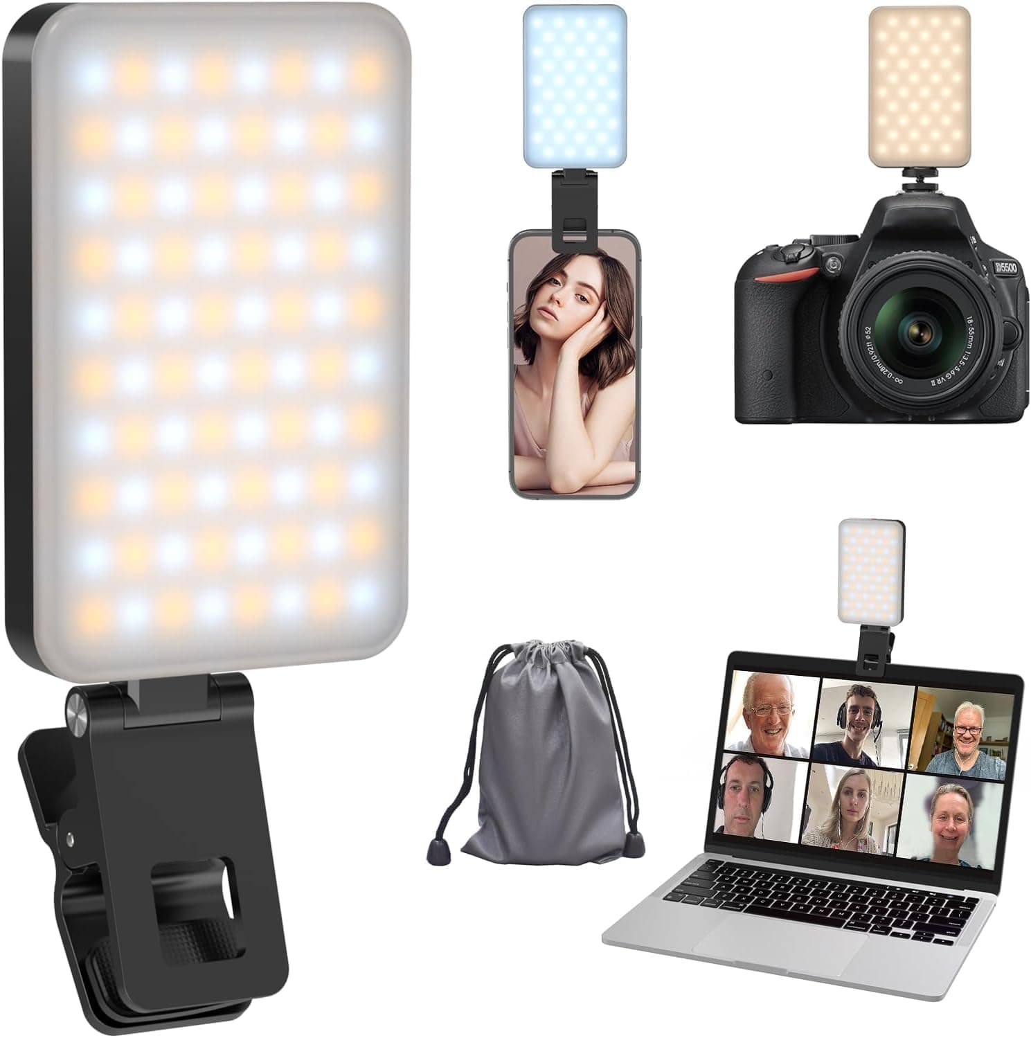 Selfie Light for Phone with Bag – 360° Rotating Head, 80 Leds, 5 Colors, Rechargeable, Portable, Clip on Iphone, CRI 95+, Video Conference Lighting, Photo Light for TikTok, Laptop, Influencer, Makeup