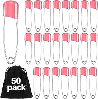 50 Pieces Diaper Pins Safety 2.2 Inch Plastic Head Cloth Diaper Nappy Pins with Locking Closures Stainless Steel with Velvet Bag(Pink)