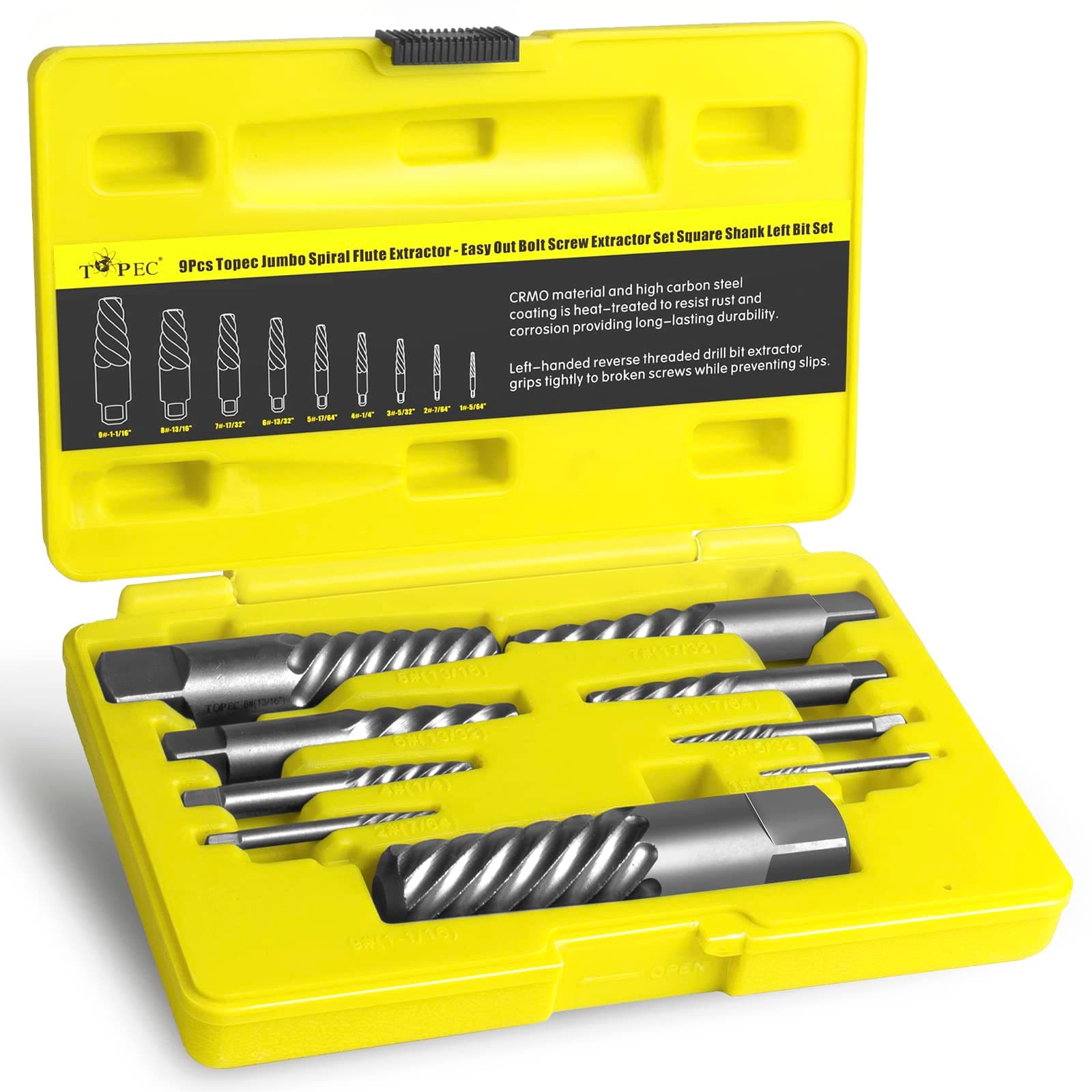 9 Piece Jumbo Spiral Flute Extractor -Easy Out Bolt Screw Extractor Set Square Shank Reverse Bit Set for Removing Broken Screws, Bolts, and Studs with Reverse Drill Bit Extractor Set