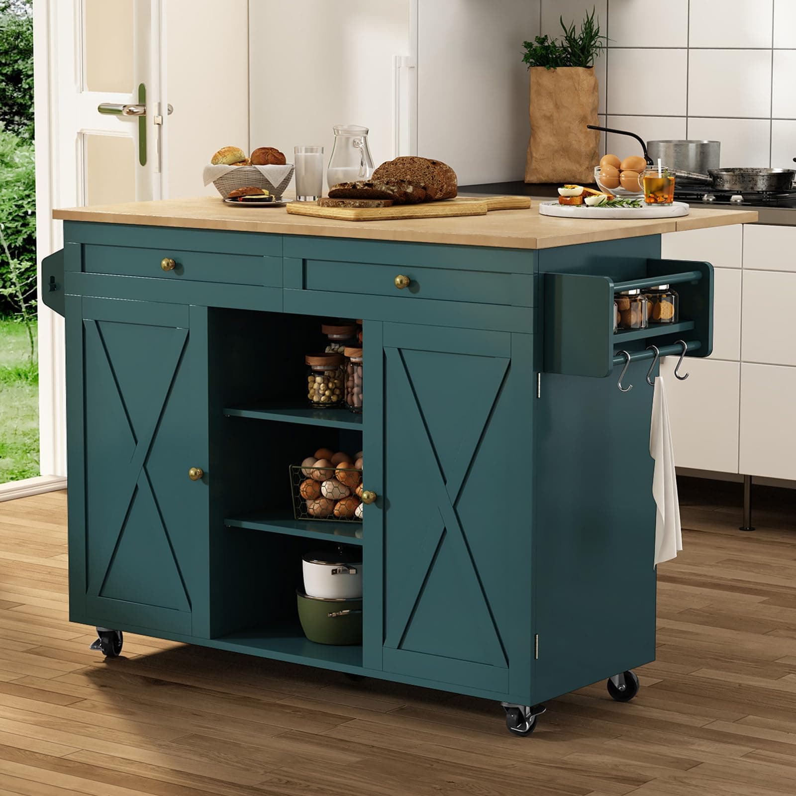 HLR Kitchen Island On Wheels, Dark Green Rolling Kitchen Islands Cart with Drop Leaf Countertop, Barn Door Kitchen Island with Storage Cabinet and Tower Rack, Island Table for Kitchen