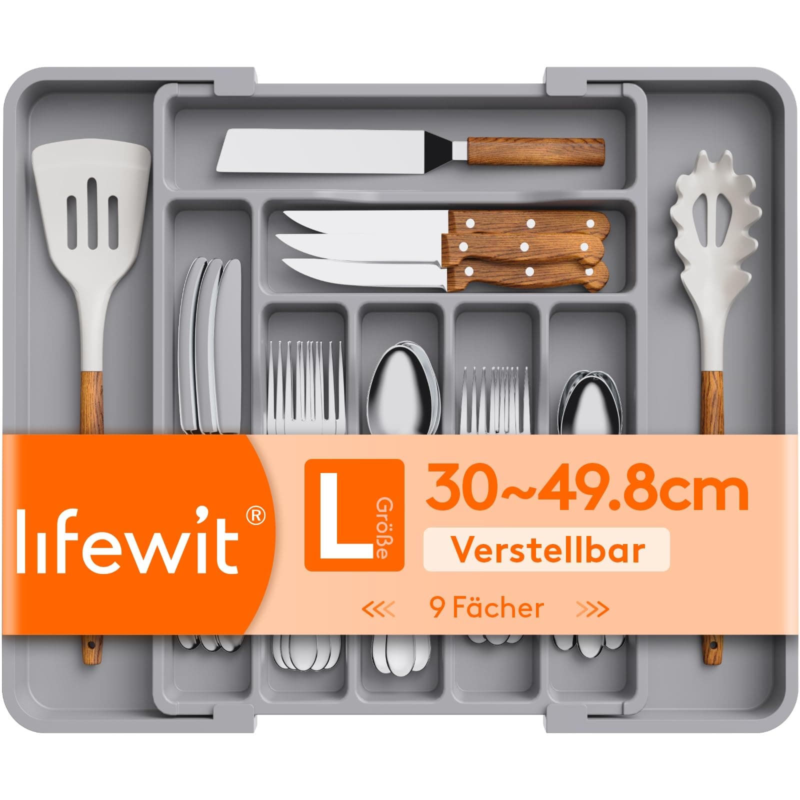 Lifewit Utensil Organizer for Kitchen Drawer, Expandable Cooking Silverware Tray, Adjustable Cutlery Flatware Holder, Plastic Spatula Tools Storage Divider, 11.8-19.6 x 15", Gray