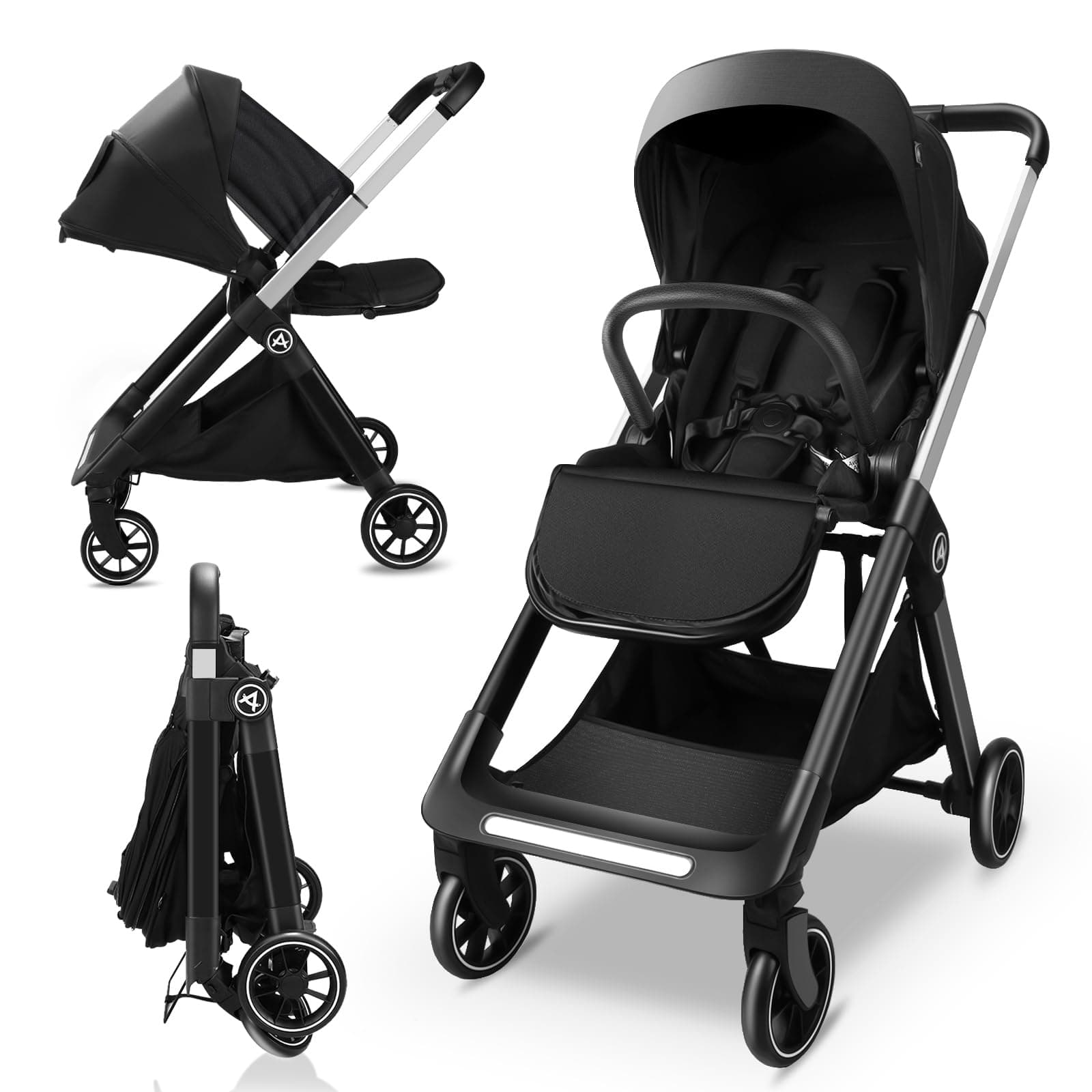 Reversible Baby Stroller, Foldable Toddler Stroller with Reversible Seat, Hidden Foot Cover & Sleep Shade, 4-Wheel Shock- Absorbing, Infant Pram Pushchair for 0-3 Year Old (Max 22KG)