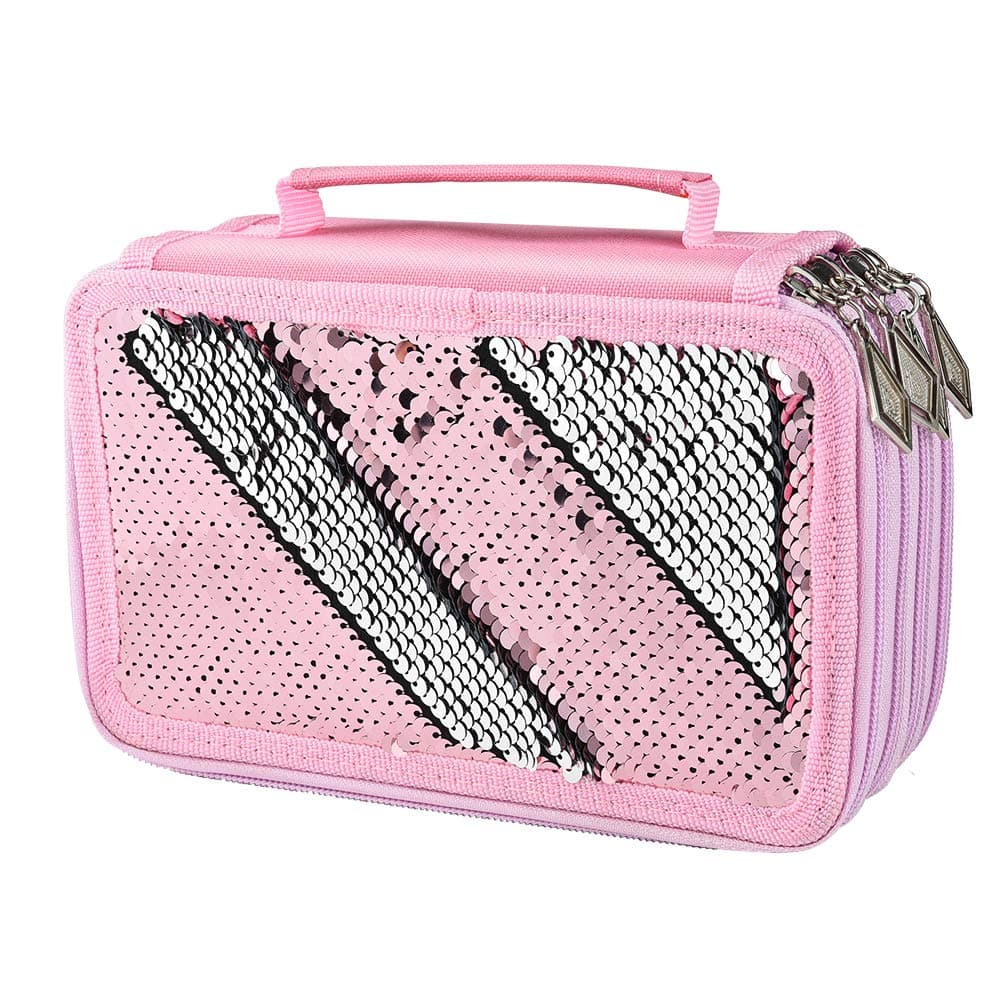 Asiv Portable Sequin Pencil Case, Large Capacity 4 Layers 72 Slots Colored Pencil Organizer Bag for Crayon, Watercolor Pencils Markers, Gel Pens, Cosmetic Brush, for Students, Pink