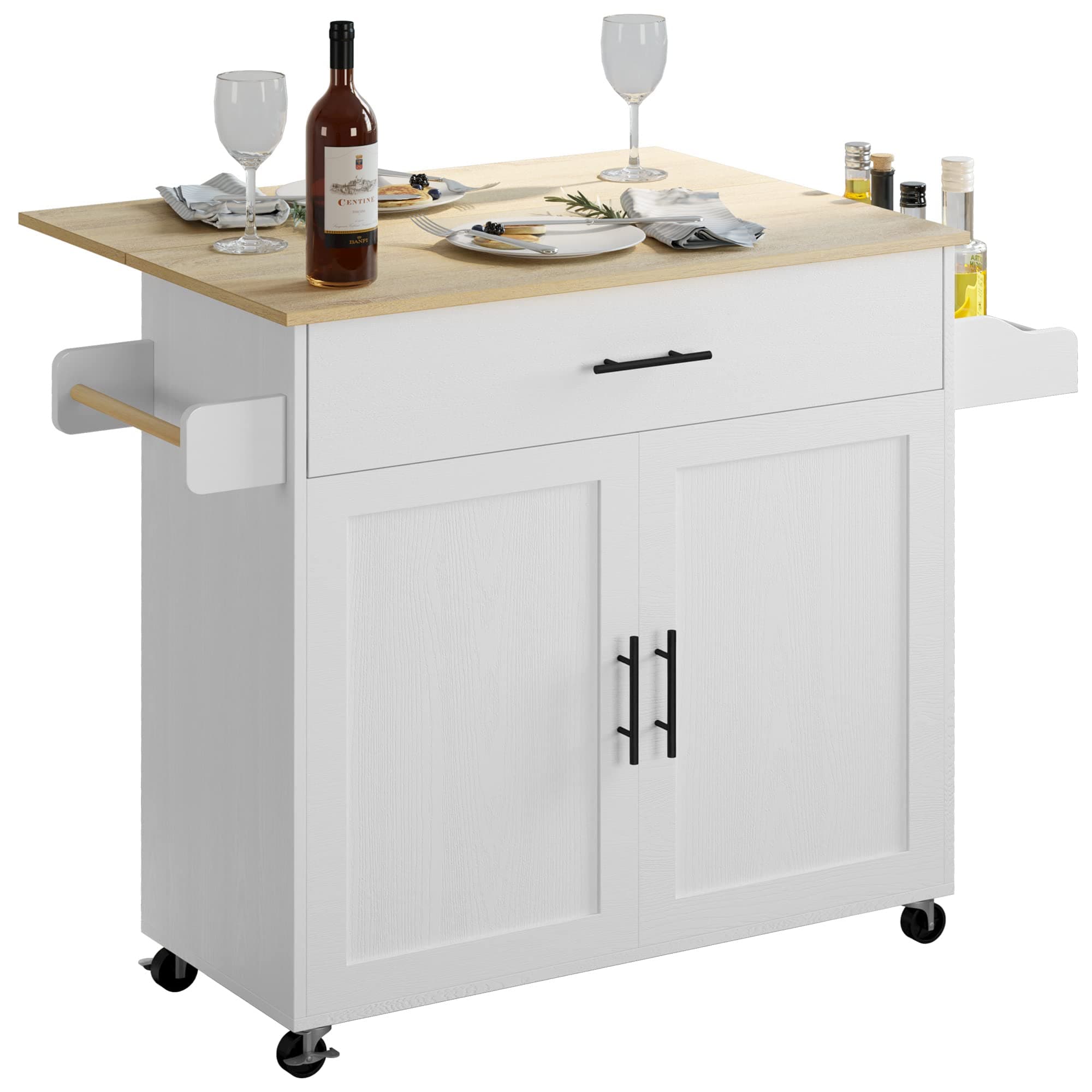 IRONCK Rolling Kitchen Island Table on Wheels with Drop Leaf, Storage Cabinet, Drawer, Spice/Towel Rack, Kitchen Cart, 47.25" Wide White