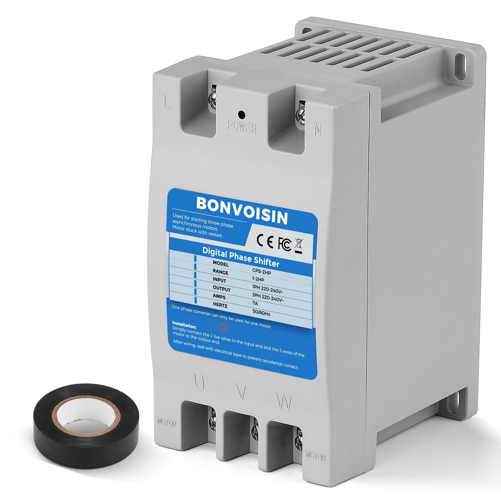 Single Phase to 3 Phase Converter 2HP(1.5kW) Digital Phase Shifter, 7A 220V-240V Input/Output, One Converter only for one Motor.