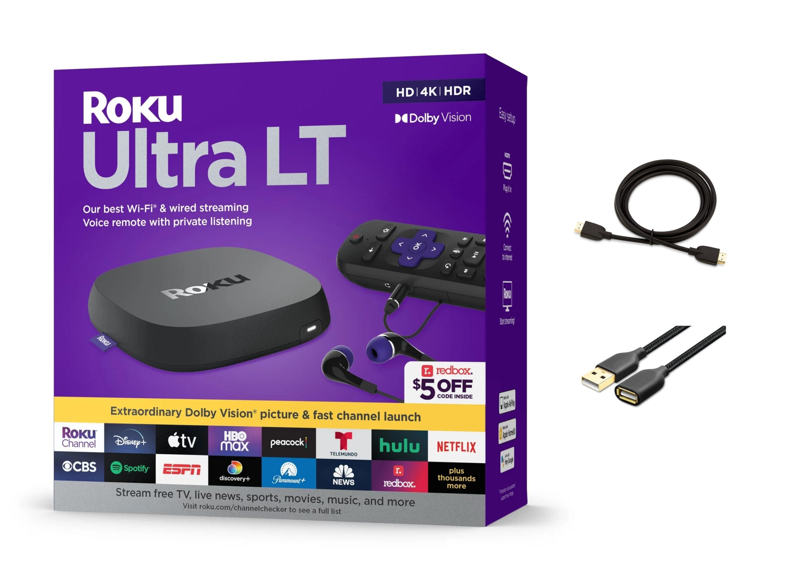 Ultra LT Streaming Device 4K/HDR/Dolby Vision/Dual-Band Wi-Fi Voice Remote and HDMI Cable, with MTC HDMI Cable and USB Extension Cord