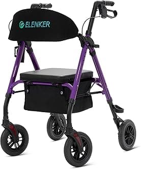 ELENKER All-Terrain Rollator Walker with 8” Non-Pneumatic Wheels, Sponge Padded Seat and Backrest, Fully Adjustment Frame for Seniors, Purple
