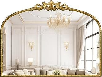 Gold Vintage Mirror for Vanity 32x24 Inch, Gold Antique Mirror with Ornate Frame, Arched Vintage Wall for Bathroom, Living Room, Fireplace, Entryway