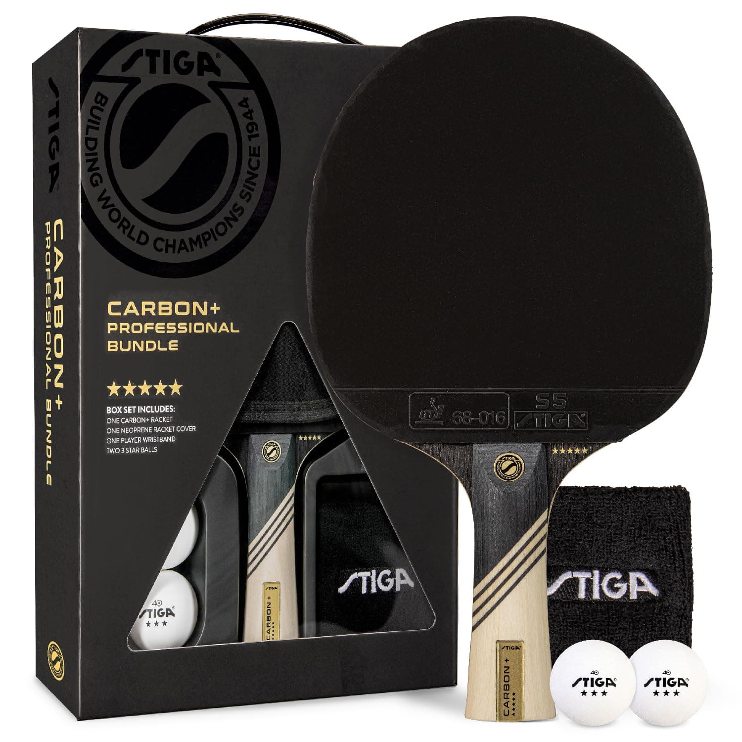 STIGA Carbon+ Bundle Ping Pong Paddle Set – 7-ply Extra Light Carbon Fiber Blade – 2mm Premium Sponge – Concave Pro Handle – 2 3-Star Tournament Balls – Neoprene Racket Cover – Player Wristband