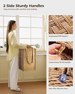 Greenstell Laundry Hamper with Wheels&Lid, 140L Large 3 Sections Clothes Hamper with 2 Types Removable Liner Bags, 5 Mesh Laundry Bags, Handwoven Divided Laundry Basket for Clothes, Natural