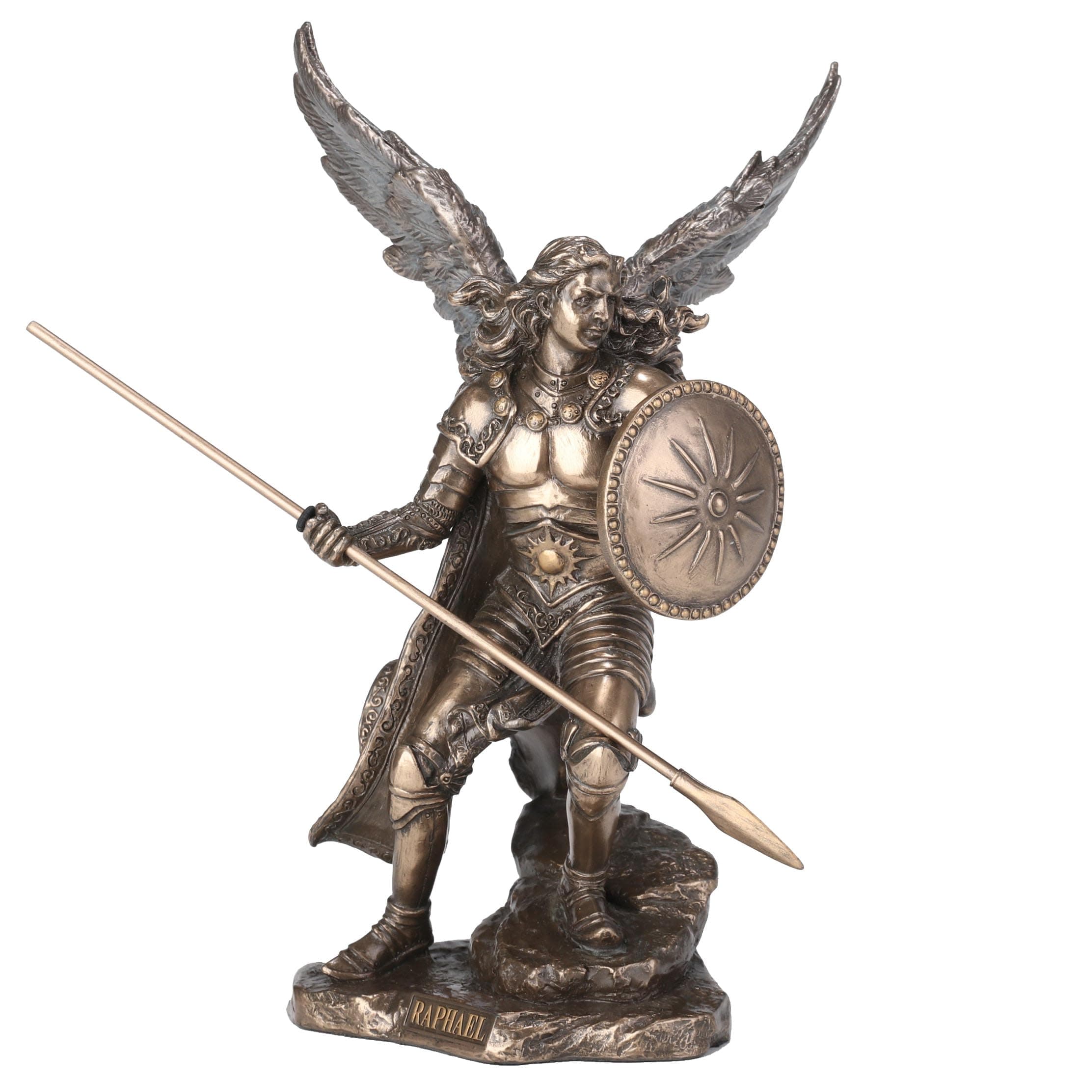 Unicorn Studios Archangel Raphael God Has Healed Holding Shield and Spear Bronze Statue Figurine