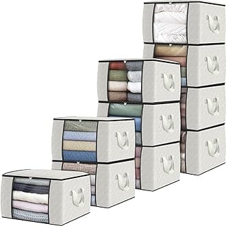 Fab totes 10 Pack Clothes Storage, Foldable Thick Fabric Blanket Storage Bags, Containers for Organizing Bedroom, Closet, Clothing, Comforter, Organization with Handle,Ivory White