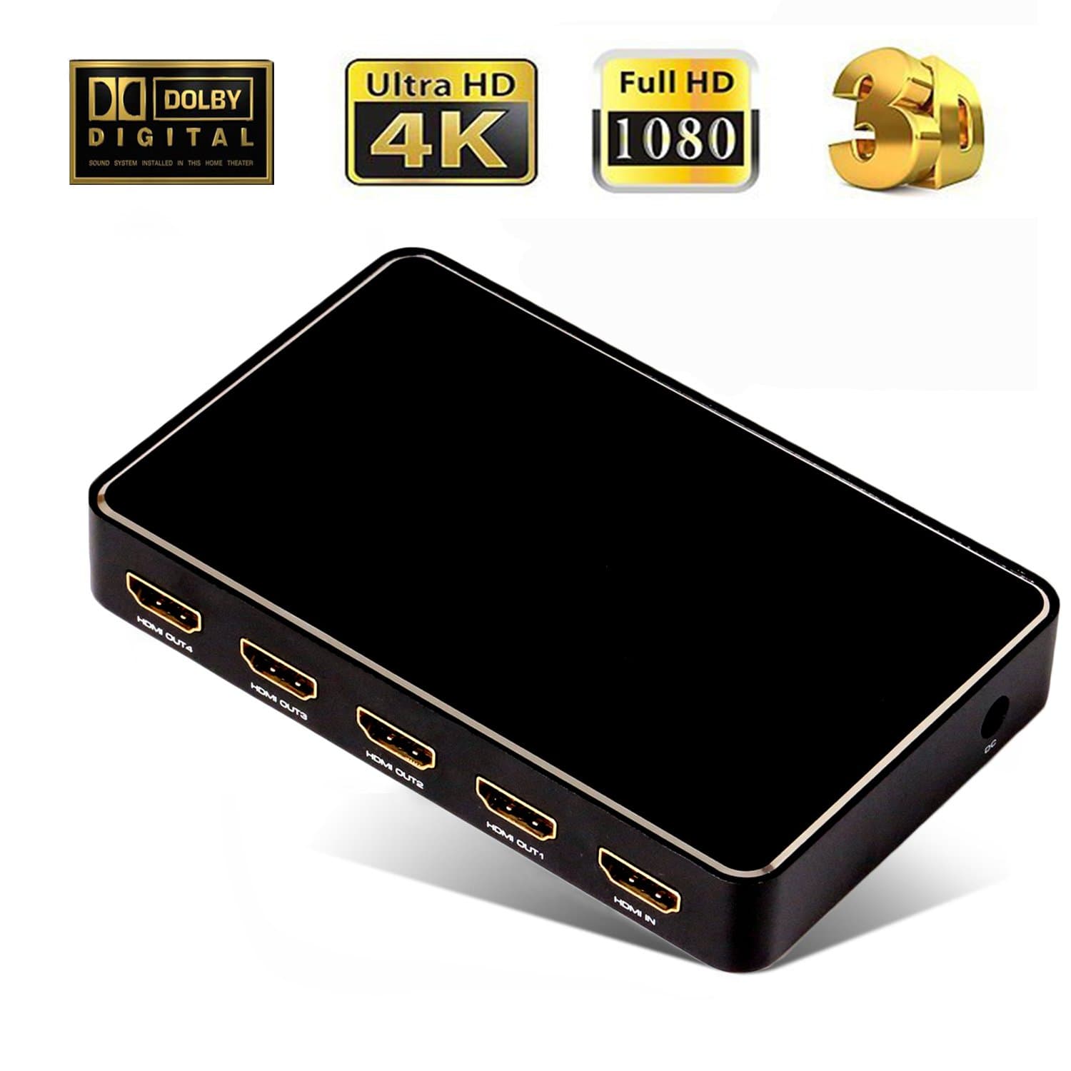 HDMI 2.0 1x4 Splitter with USB Charge 1 in 4 Out 4k x 2k@60Hz with 12bit Y CBCR 4:2:0 for Pojector HDTV Office PS3 Somatic Game Dolby DVD Dull Polish Black