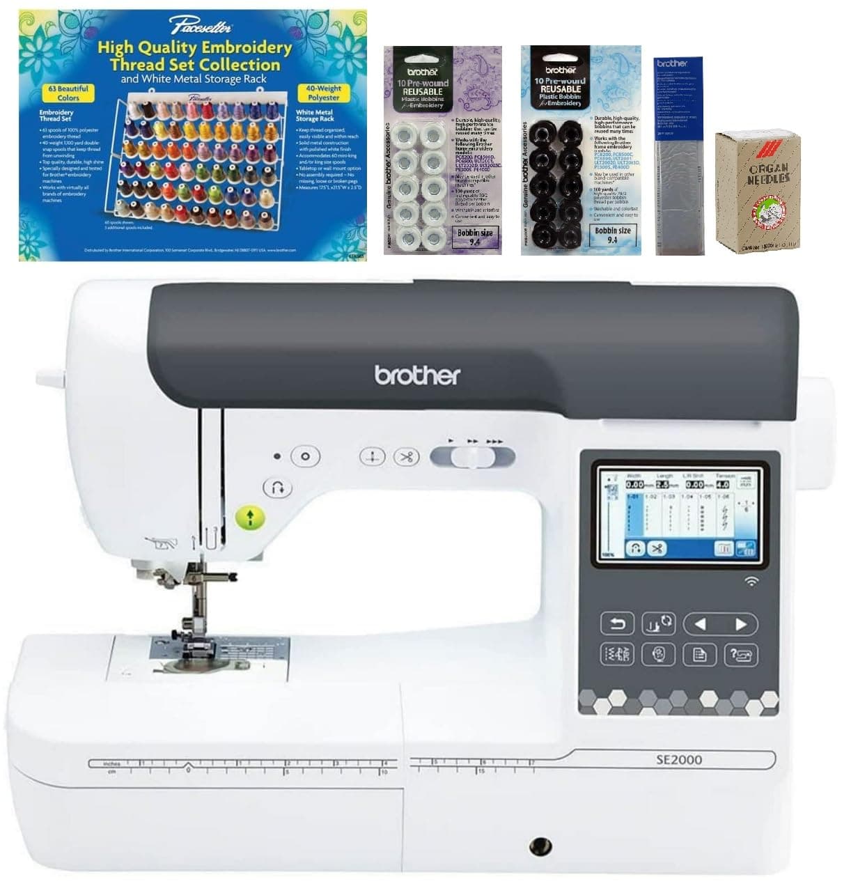 SE2000 Computerized Sewing and Embroidery Machine (SE2000 + 63pc Bundle) 63-Piece Thread Set, 20 Bobbins, 100-Piece 75/11 Embroidery Needles, Stabilizer Roll
