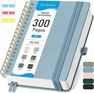 EMSHOI College Ruled Notebook, 300 Numbered Pages, B5 (7.48”x10.15”) PU Leather Hardcover, 100GSM Thick Paper – Perfect for Work, Writing, Journaling, Notes, Gray-Blue for Women & Men