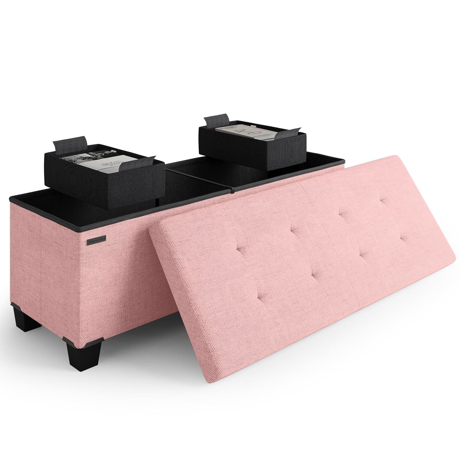 Storage Ottoman Bench with Bins, 43-in Storage Bench for Bedroom End of Bed, Folding Foot Rest Ottoman for Living Room Max 660lbs, Fabric Ottomans, Pink