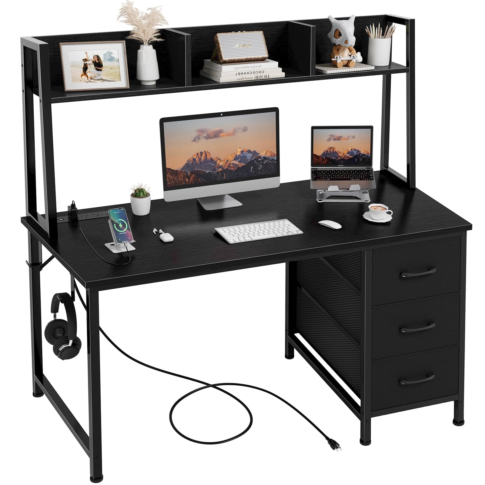 Black Computer Desk with Hutch & Drawers - Office Desk with 3 Storage Drawers and Power Outlets, 47 Inch Modern Study Writing Desk for Bedroom Home Office