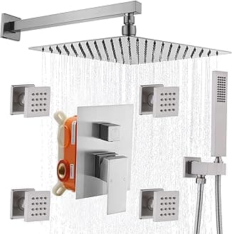 Enga Full Body Shower System with Body Sprays Jets, 12 Inch Rain Shower Wall Mounted, All Metal Multiple Shower Head System, Contain Rough-in Shower Valve, Brushed Nickel