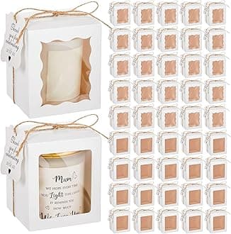 ReliThick 100 Set Candle Gift Box Transparent Gift Packaging Box for 4-10 oz Candles 50 Paper Thank You Tag Bundle Hemp Rope for Wedding Birthday Baby Shower Party Favor, 3.35x3.35x3.94 in(White)