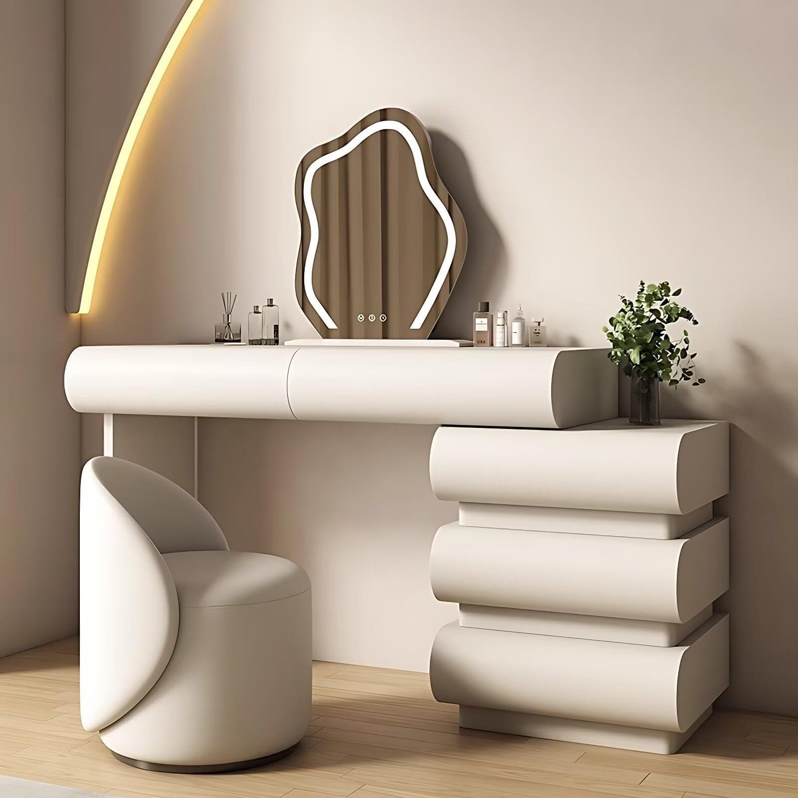 Bedroom Vanity Desk - White Makeup Vanity with 5 Drawers and LED Light Mirror, Solid Wood Vanity Include Makeup Stool and Leather Surface, Luxury Dressing Table (Right Side Cabinet,47'')