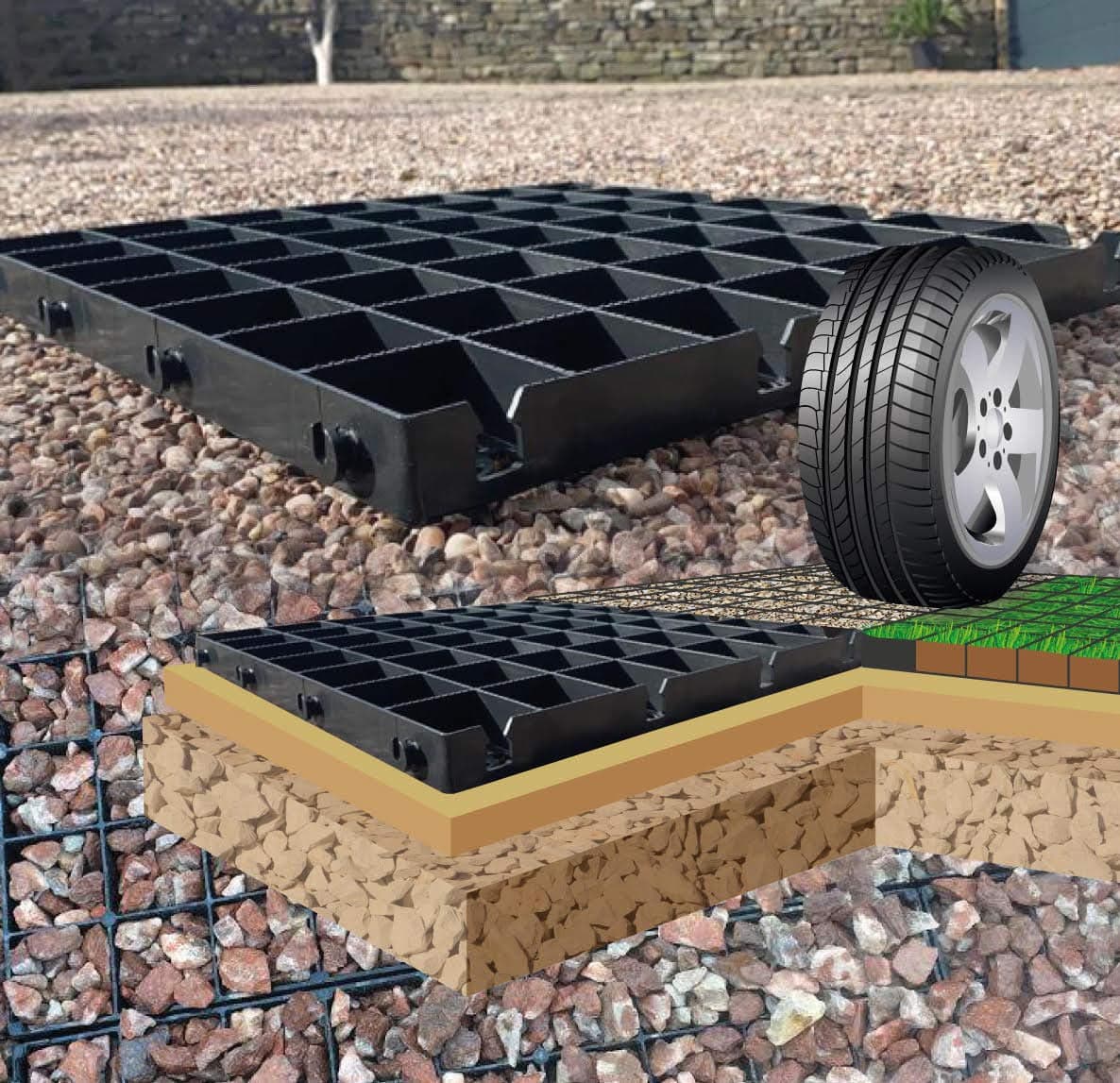 Ecodeck Gravel Grid Paving - Plastic Frame, Snap Closure, Black - 50CM X 50CM X 4CM - 15 SQM - Heavy Duty, Anti-Migration, UV-Stable, Recycled Plastic Construction