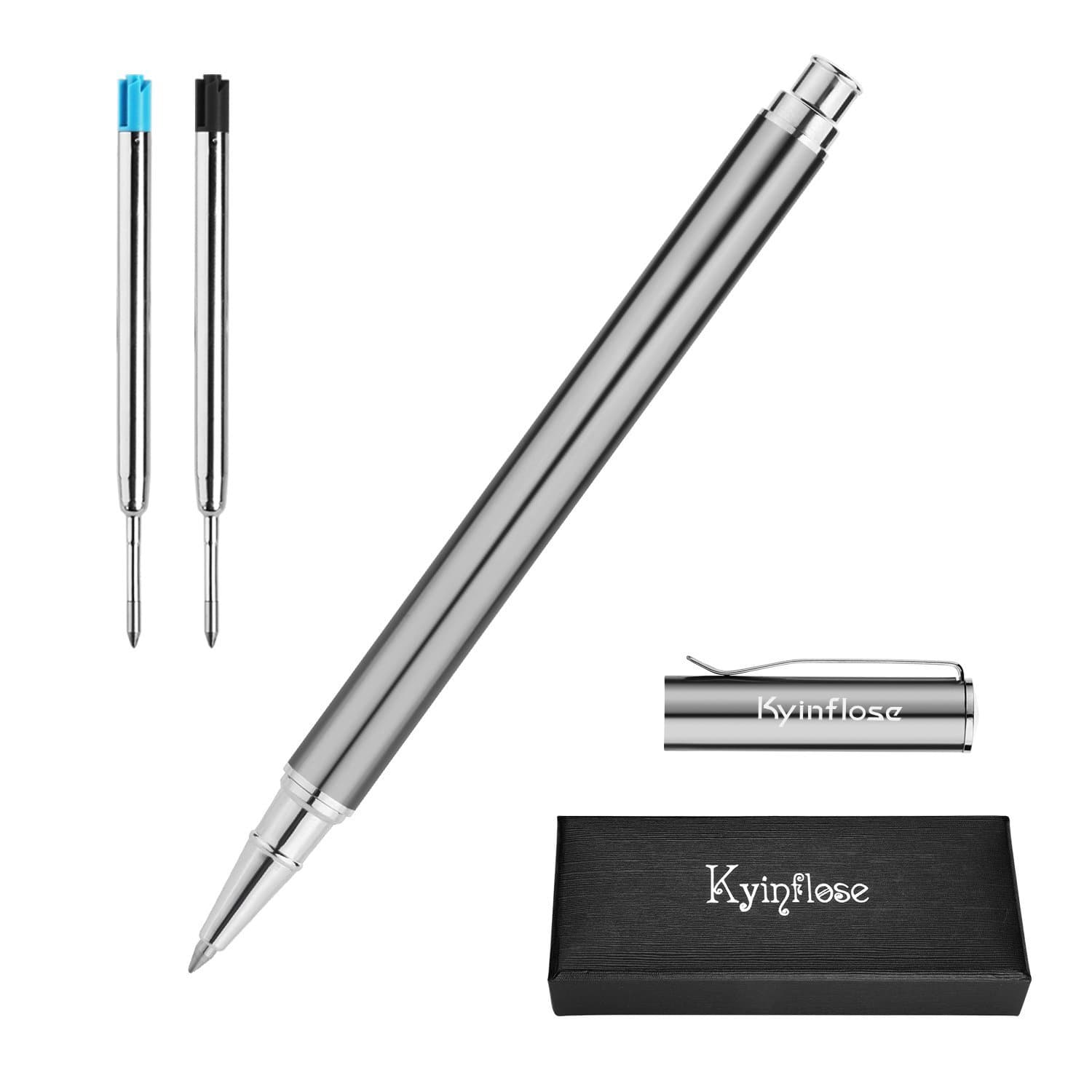 Kyinflose Metal Refillable Gel Ink Pens 0.5MM Black with 0.7MM Black & Blue refills Smooth Writing for Business, School, Office with Gift Box Grey