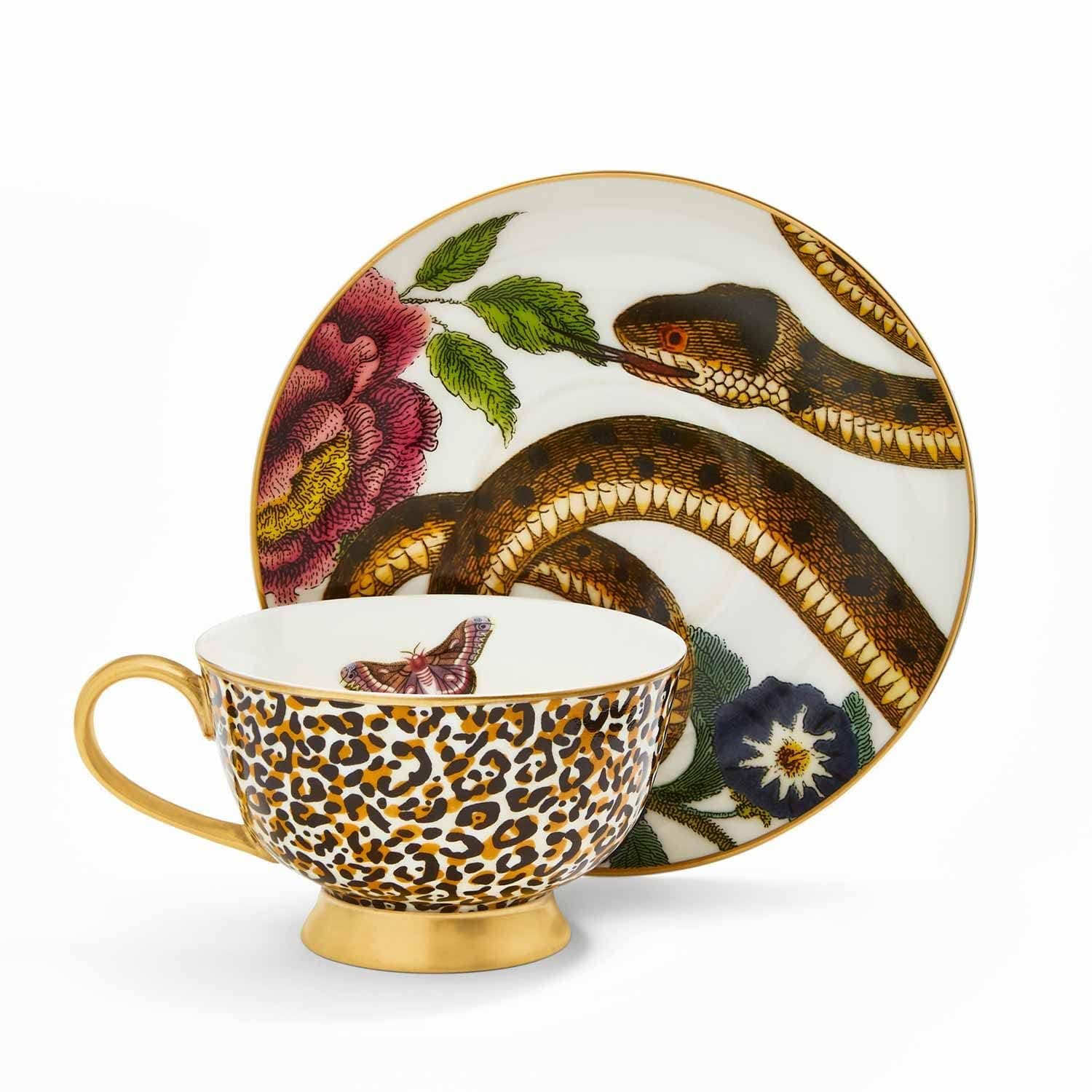 Spode x Creatures of Curiosity Coupe Tea Cup and Saucer Set - Fine China with 22-Carat Gold Detailing, Gift Boxed, Coupe Tea Cup and Saucer Leopard and Snake, Suitable for Elegant Dining or Display