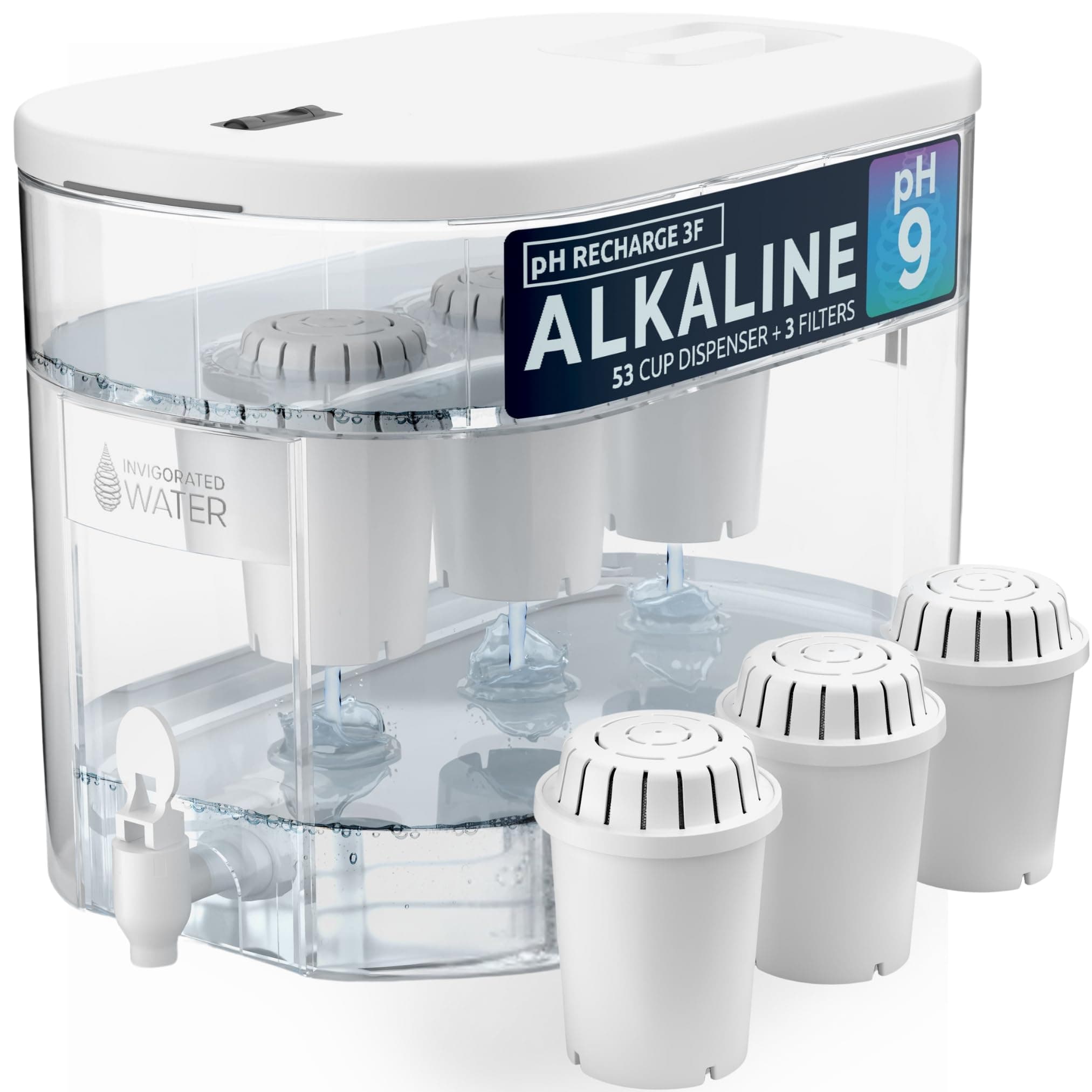Alkaline Countertop Water Filter Dispenser, Large 52-Cup Capacity, Mineralized Alkaline Water, BPA-Free, 96 Gallons/Filter (White, 3 Filters Included)