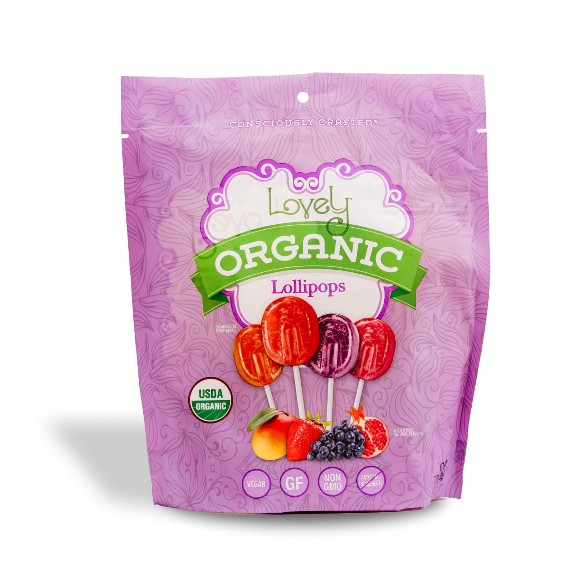 Lovely Candy Co. Organic Lollipops, Individually Wrapped, 7oz (1-Pack) | Vegan, Gluten-Free, Non-GMO, NO Artificial Colors or Flavors | Mango, Strawberry, Grape & Pomegranate