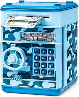 ATM Piggy Bank for Boys Girls, Vcertcpl Mini ATM Coin Bank Money Saving Box with Password, Kids Safe Money Jar for Adults with Auto Grab Bill Slot, Great Gift Toy Bank for Kids (Camouflage Light Blue)