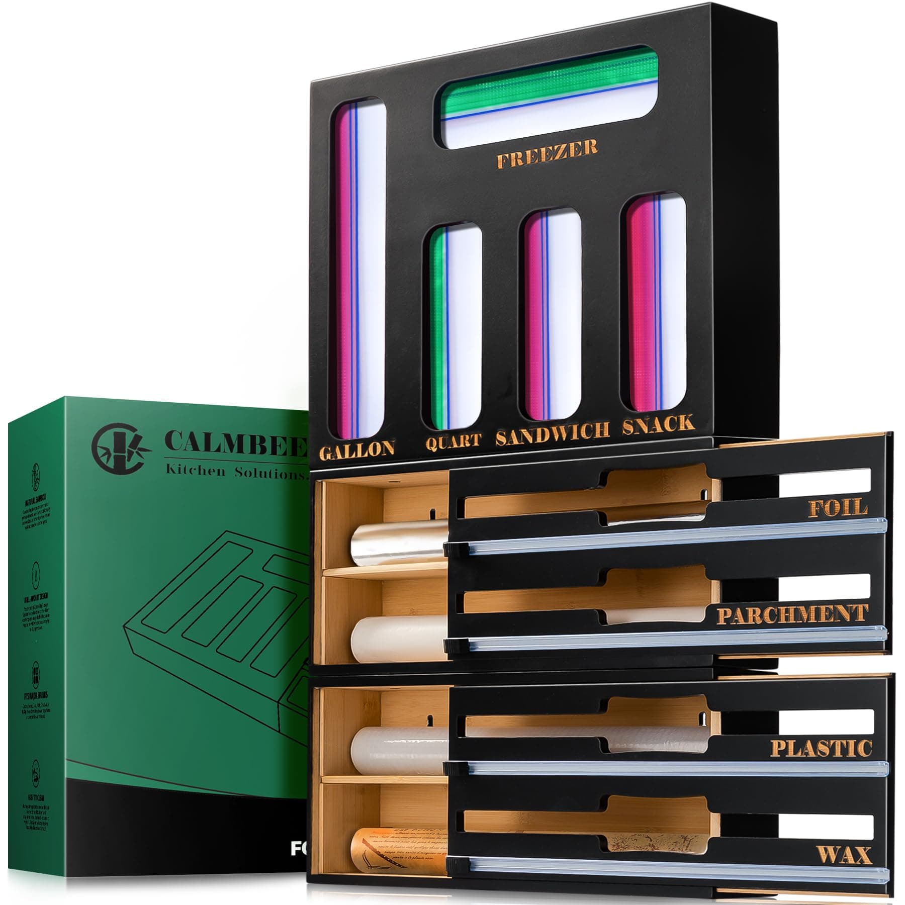 Calmbee Storage Bag Organizer and Wrap Dispenser with Cutter, 9 IN 1 Bamboo Foil and Plastic Wrap for Kitchen Drawer, Plastic Bag Organizer for Gallon, Quart, Sandwich (Black, Large)