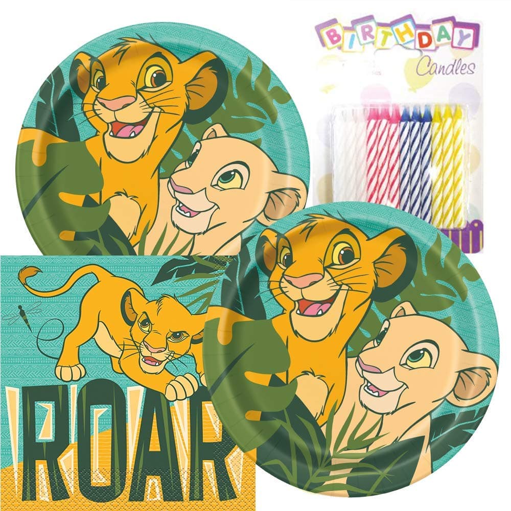 The Lion King Themed Party Pack – Includes Paper Plates & Luncheon Napkins Plus 24 Birthday Candles – Serves 16