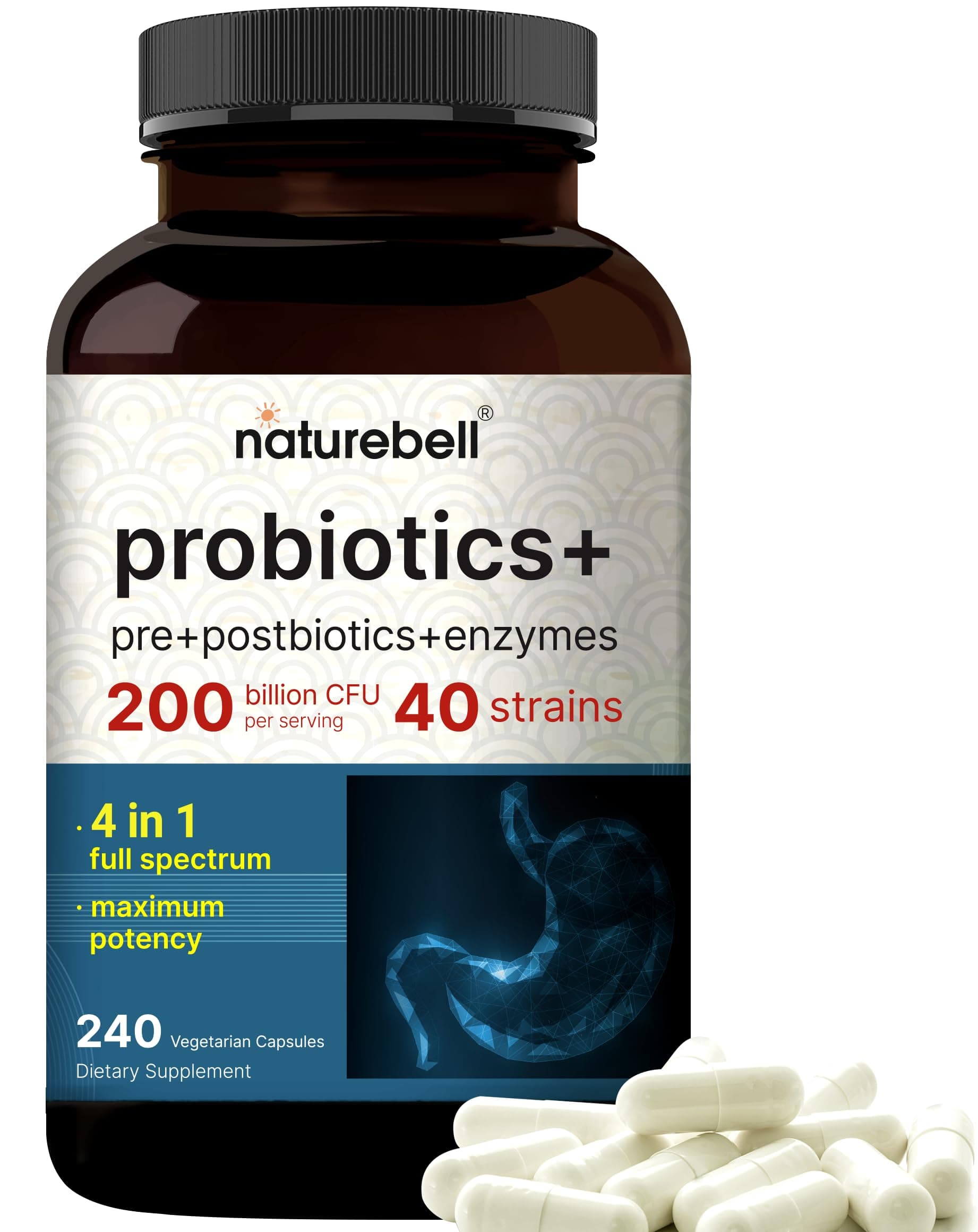 - NatureBell Probiotic 200 Billion CFU – 40 Strains Per Serving | 240 Veggie Capsules with Prebiotics and Probiotics – Full Spectrum Complex with Enzymes – Daily Probiotics for Women & Men