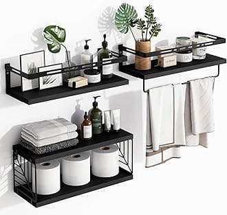 3+1 Tier Wall Mounted Bathroom Shelves Over Toilet, Rustic Wood Floating Shelves with Metal Frame and Towel Bar for Bathroom, Kitchen, Bedroom, Living Room (Black)