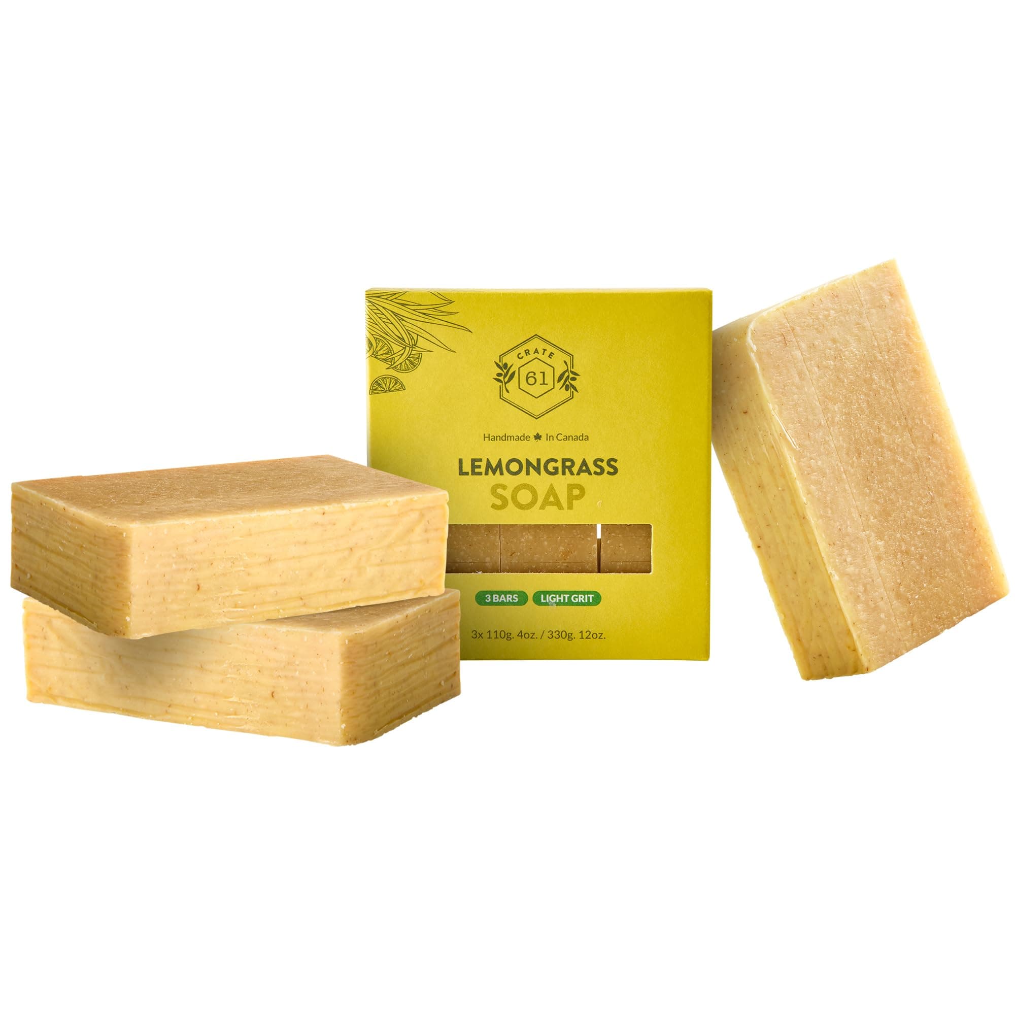 Lemongrass Soap 3 pack, 100% Vegan Cold Process, scented with premium essential oils, for men and women, face and body. ISO 9001 certified manufacturer